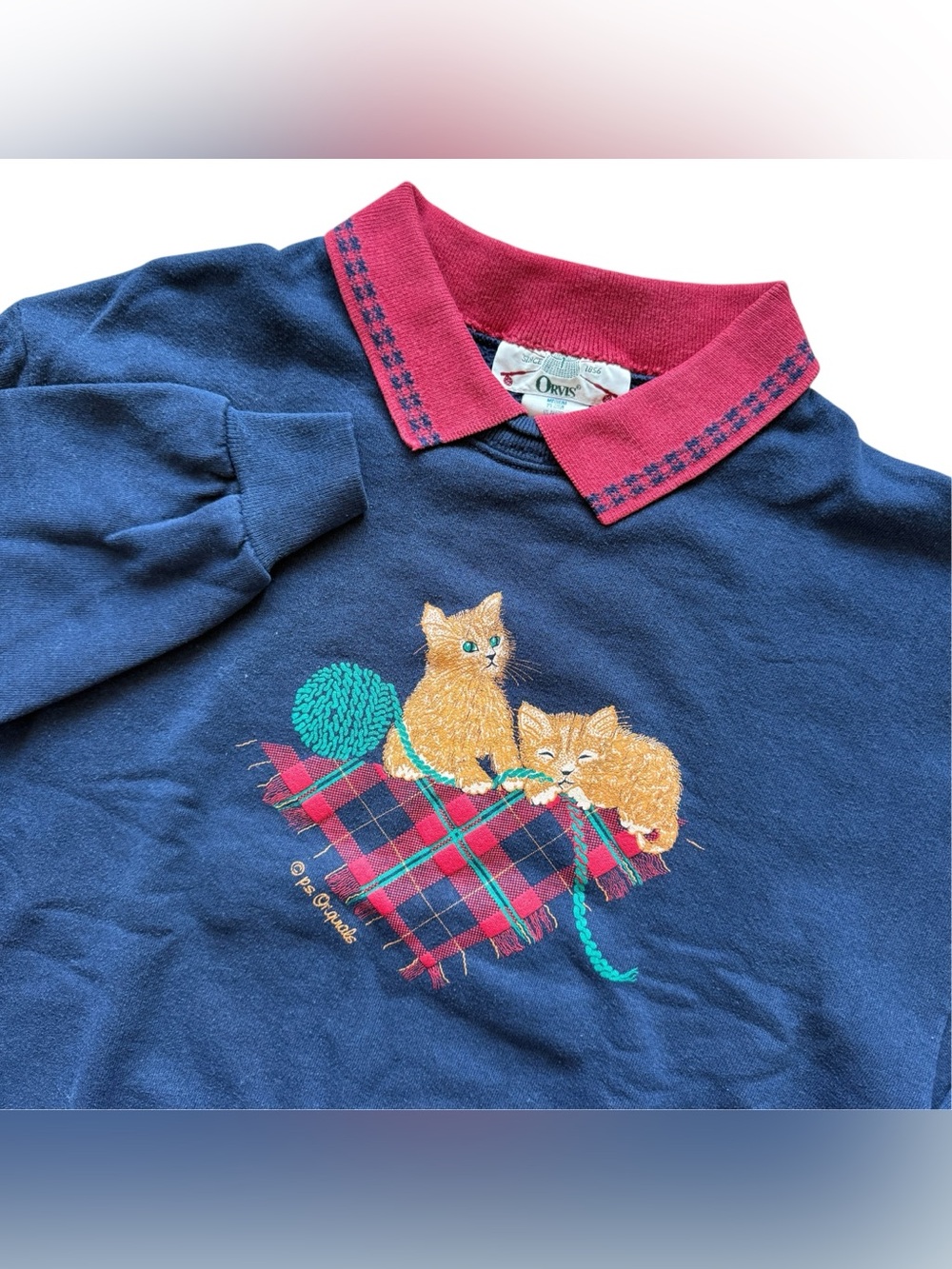 Vintage 90s Orvis Cats Christmas Sweater Sz M Kittens Yarn Plaid Collar Made USA